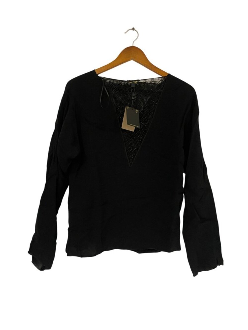 Massimo Dutti Womens Beaded Blouse XS Black Sheer Lace Inset 5186/780 NWT - Picture 3 of 9